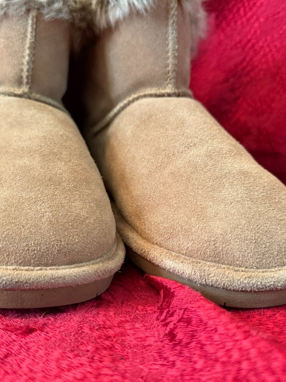BearPaw Tan Suede Helaina Ankle Boots with Faux Fur Trim Sz 7 - Picture 11 of 11